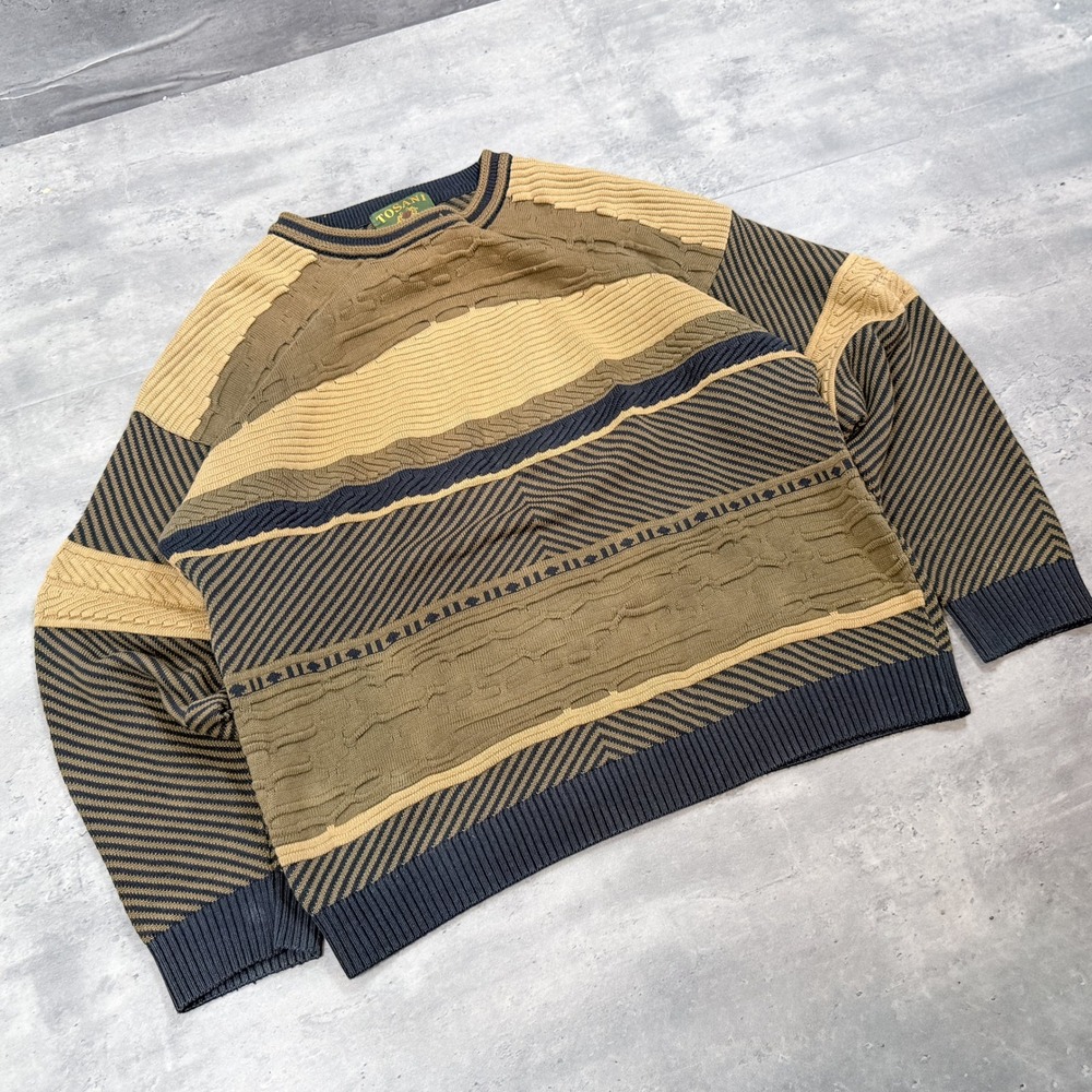 Vintage VTG 1990's 90's Tossani 3D Coogi Knitted Brown Crewneck Sweater